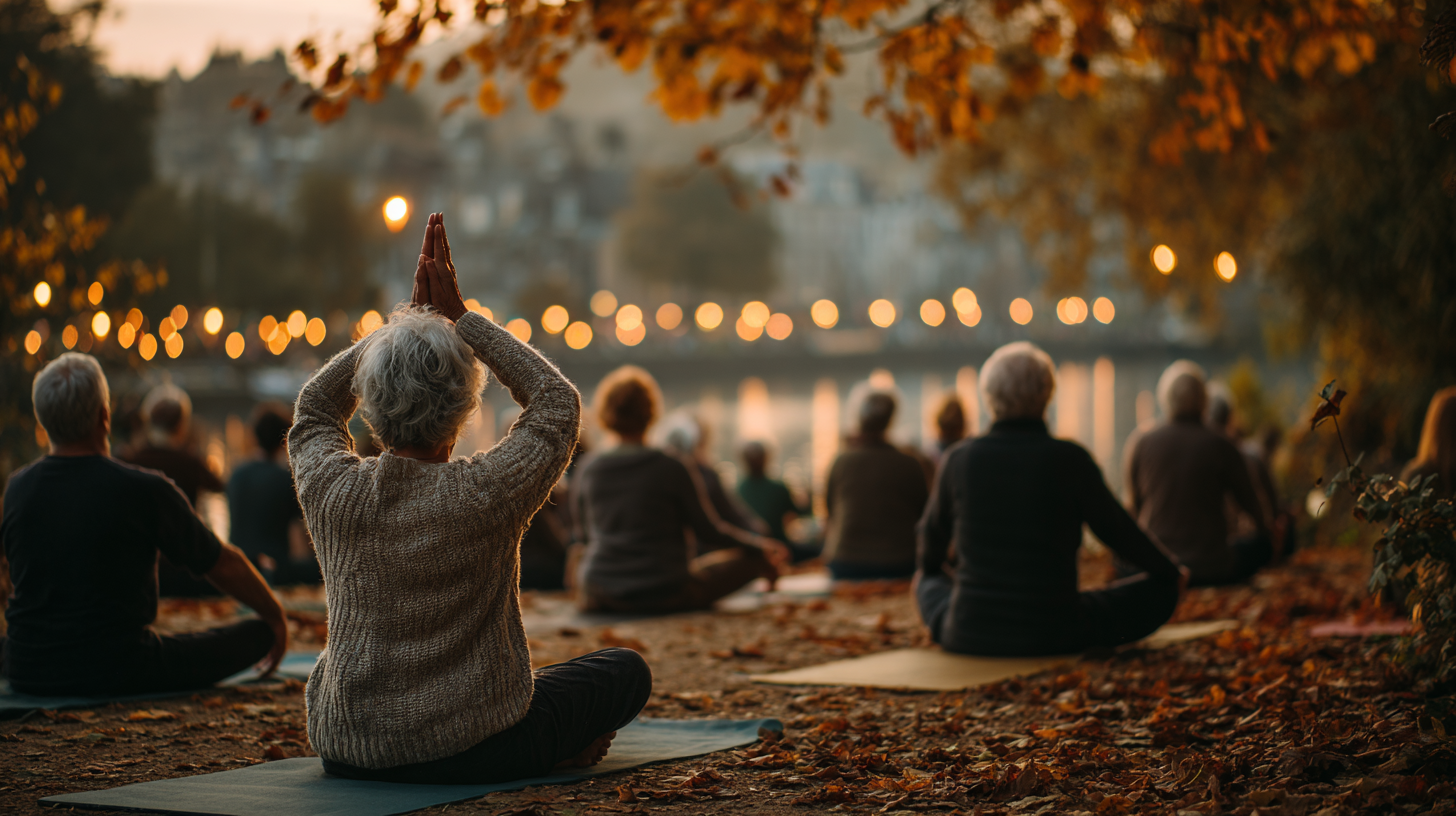 Grupo de adultos mayores practicando yoga en un ambiente sereno