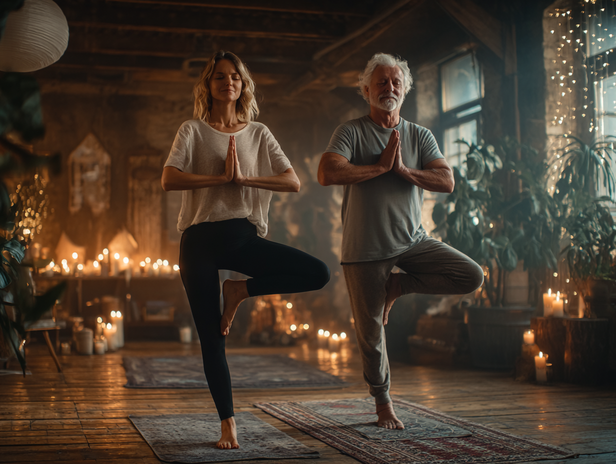 Instructor de yoga guiando a adultos mayores en una sesión grupal